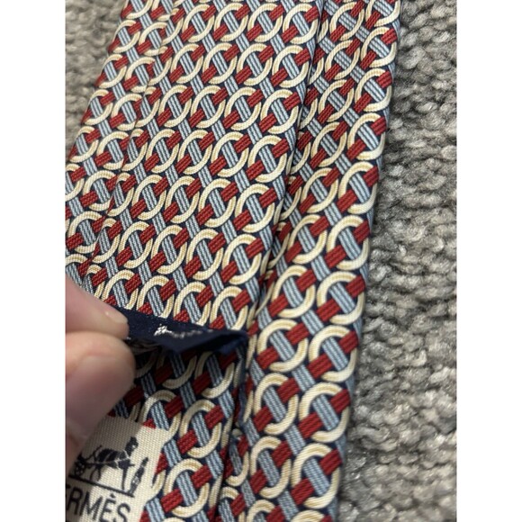 Hermes Silk Tie Red Blue Geometric Pattern 7760 - Picture 7 of 7